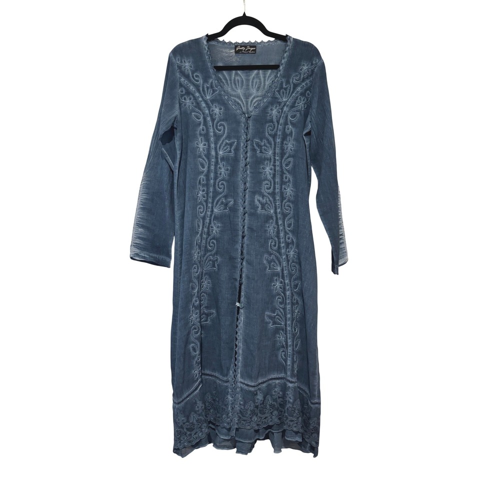 Gretty Zueger sz L blue embroidred boho lagenlook art to wear maxi duster/dressO